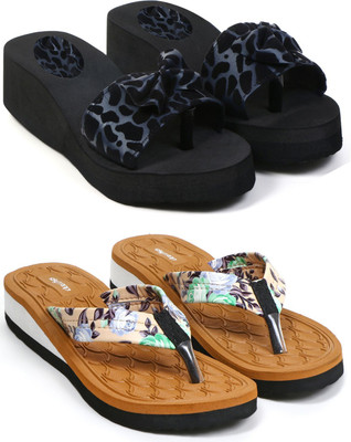 HOC Women Slippers(Blue, Brown , 4)