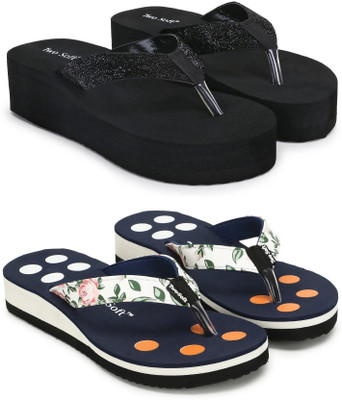 TWO SOFT Women Combo Pack Of 2 Stylish Casual Light & Soft Comfortable Daily Wear Slippers(Black, Blue , 6)