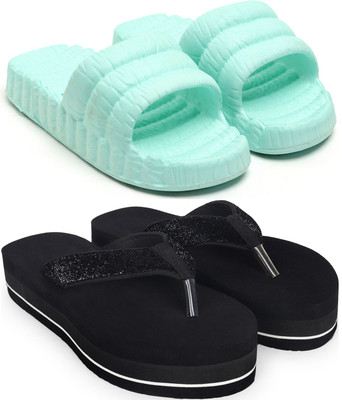 Skytrap Women Flip Flops(Blue, Black , 5)