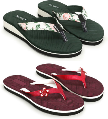 TWO SOFT Women Pack Of 2 Combo Stylish Extra Comfort Lightweight Dailywear Used Slippers(Green, Maroon , 7)