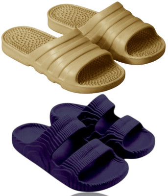 Feel alive Men Slippers(Beige, Blue , 9)