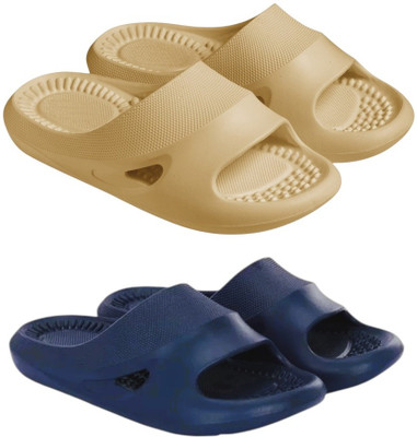 Feel alive Men Slippers(Beige, Blue , 9)