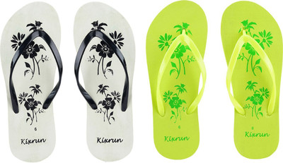 Kixrun Women Flip Flops(White, Green , 5)