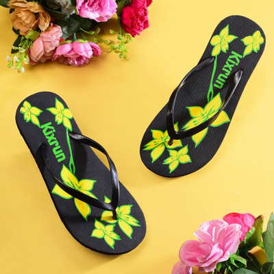 Kixrun Women Flip Flops(Black, Yellow , 5)