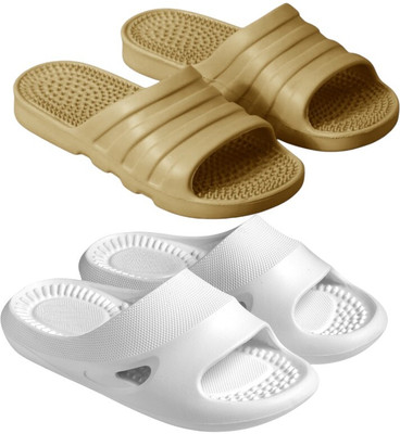 Feel alive Men Slippers(Beige, White , 9)