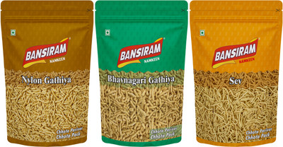 Bansiram Nylon Gathiya | Bhavnagari Gathiya | Sev | Authentic Gujarati Namkeen Combo(3 x 200 g)