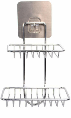 RadheTrade Wall mount Self-Adhesive Stainless Steel Double-Layer Soap Dish Holder(Silver)