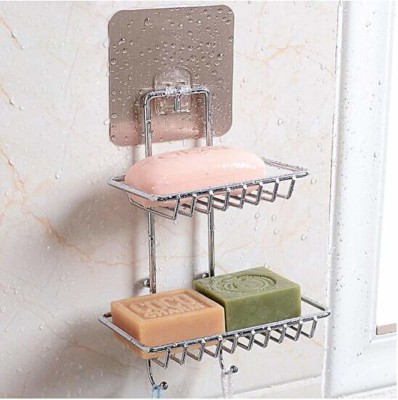 DK Creation Wall mount Self-Adhesive Stainless Steel Double-Layer Soap Dish Holder(Silver)