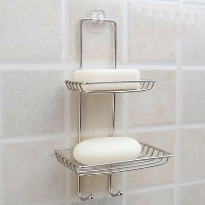 Tesla exim Double Layer Soap Dish Storage Organizer Holder and Stainless Steel Hook Self-Adhesive Stainless Steel Waterproof Kitchen Bathroom Soaps Storage Rack with Hook for Home(Silver)