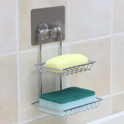 DIVINZ Wall Mount Self-Adhesive Stainless Steel Waterproof Kitchen Bathroom Double-Layer Soap Dish Holder(Silver)