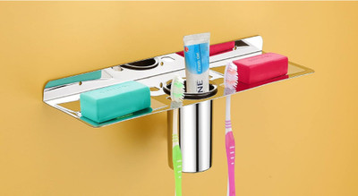 BathBliss Steel 4 in 1 Multipurpose Double Soap Dish Tooth Brush Holder (Pack of 1)(Silver)