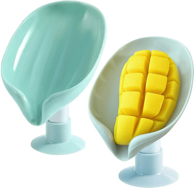 DAITORY Pack Of 2 New Design Bathroom And Kitchen Creative soap Box Leaf Shape Perforation-Free for Shower with Suction Cup Self Draining Soap Dish Holder Waterfall Soap Tray for Shower Bathroom Kitchen Sink Easy Clean Bathroom Shower Restroom(Multicolor)