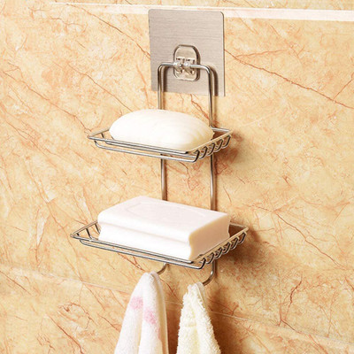 ARAKA Wall Mounted Double Layer soap Dish Holder & Dispensers, Self-Adhesive Stainless Steel Waterproof Kitchen Bathroom Soaps Storage Rack with Hook for Home (2 Layer Shop Holder with 2 Hook)(Silver)