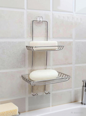 Tesla exim Double Layer Soap Dish Storage Organizer Holder and Stainless Steel Hook Self-Adhesive Stainless Steel Waterproof Kitchen Bathroom Soaps Storage Rack with Hook for Home(Silver)