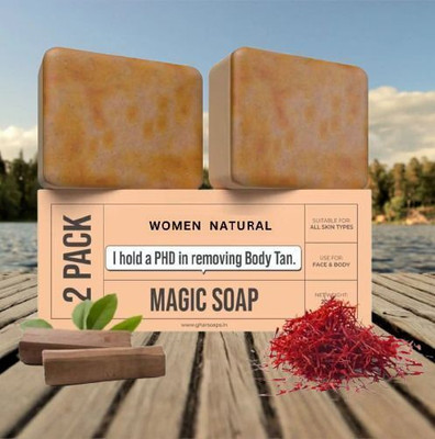 women natural Magic Soap Sandal Wood And Saffron for DeTan and Glowing Brightening Skin(2 x 50 g)