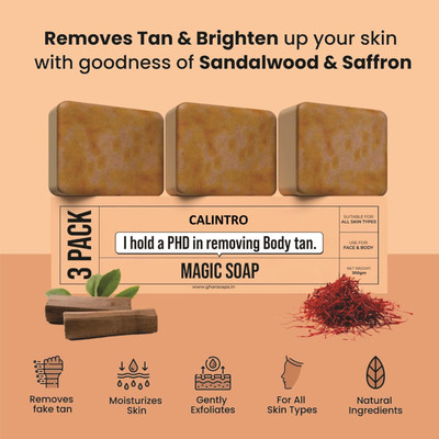 Calintro Magic Soap Sandal Wood And Saffron for DeTan and Glowing Brightening Skin Soap(3 x 100 g)