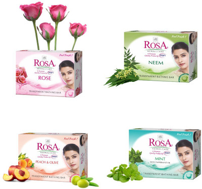 ROSA Transparent Rose, Mint,Neem And Peach & Olive Gel Soap I Bathing Bar *4(4 x 100 g)