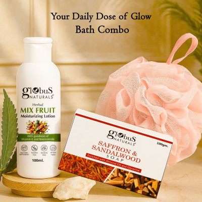 Globus Naturals Bath Combo with Mix Fruit Body Lotion, Sandalwood Soap & loofah(3 Items in the set)
