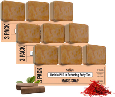 GharSoaps Magic Soap Sandal Wood And Saffron for DeTan and Glowing Brightening Skin(9 x 100 g)
