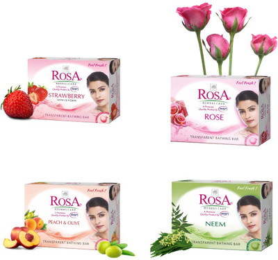 ROSA Transparent Strawberry, Rose, Neem And Peach & Olive Gel Soap I Pack 4-(4 x 100 g)