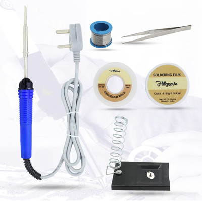 Hillgrove 6in1 25W Soldering Iron Kit | 5 Meter Soldering Wire | Soldering Flux | Stand | Wick | Tweezer 25 W Simple(Flat Tip)