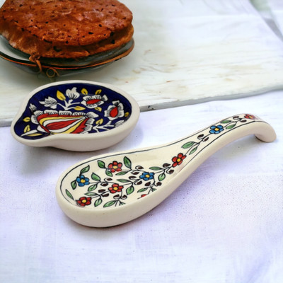 Malaikah Ceramic Spoon Rest Combo Multicolor and Round Blue Pack of 2 Disposable Ceramic Serving Spoon, Measuring Spoon, Soup Spoon, Table Spoon Set(Pack of 2)