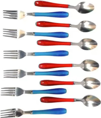 JSI MART Steel red spoon blue fork plastic handle Table Spoon Set (Pack of 12) Plastic Table Spoon Set(Pack of 12)