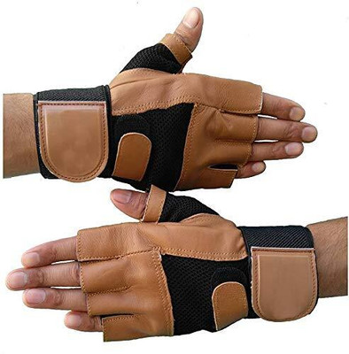 GymWar Leather Padded Palm Support Sport Gym Gloves with Long Wrist Support Gym & Fitness Gloves(Brown)
