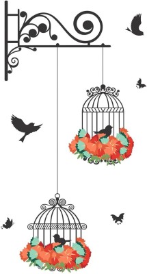 CreativeEdge 64 cm Hanging Flowers Cage and Birds Wall Sticker Self Adhesive Sticker(Pack of 1)