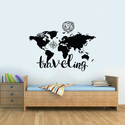 Azan Creation 76.2 cm Traveling world Map Wall Sticker for Bedroom Size - 76X55 CM Self Adhesive Sticker(Pack of 1)
