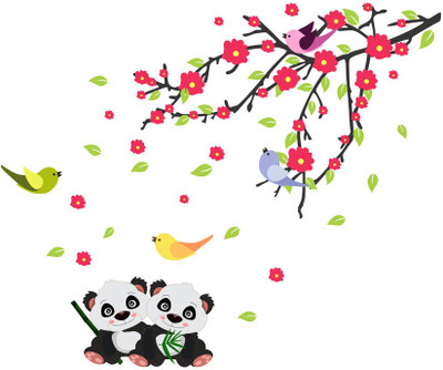 K2A Studio 104 cm Pink Flowers on a Tree Branch with Birds And Little Pandas Multicolor Pvc Vinyl Self Adhesive Sticker(Pack of 1)