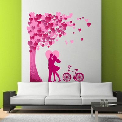 DivinPrintry 63 cm Size, Romantic Couple The Heart Leaves Tree and Love with Bicycle Design Wall Self Adhesive Sticker(Pack of 1)