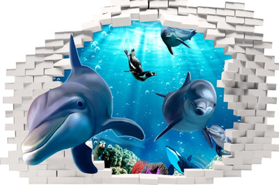 Decor Villa 61 cm DV_3D Dolphin Wall Design-755 Self Adhesive Sticker(Pack of 1)