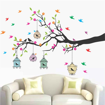 Azan Creation 101 cm Beautiful branch and birds cages Wall sticker & Mural sticker Size - 101x66cm Self Adhesive Sticker(Pack of 1)