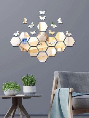 wall1ders 12 cm 14 Hexagon Silver with 10 Butterfy - Acrylic Mirror Wall Sticker's Self Adhesive Sticker(Pack of 1)