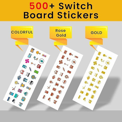 Raimo hub 1.5 cm Gold & Colourful Labels Switch Board Button Stickers for Home,30+ Icon Self Adhesive Sticker(Pack of 3)