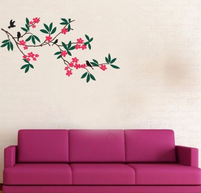 GLOBAL GRAPHICS 90 cm decorative multicolour flower with bird wall sticker (pvc vinyl) Reusable Sticker(Pack of 1)