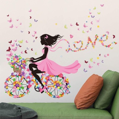 CreativeEdge 130 cm Girl Riding Cycle with Butterfly & Flower Wall Sticker PVC Vinyl 130cm X 65cm Self Adhesive Sticker(Pack of 1)