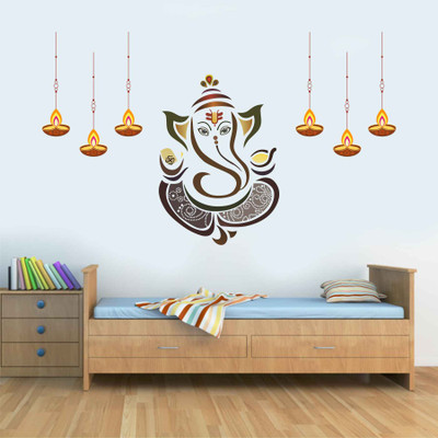 Azan Creation 119 cm Ganesh ji with deepak Wall sticker & Mural sticker Size - 119x73cm Self Adhesive Sticker(Pack of 1)