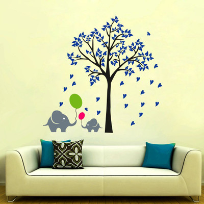 GraphicsDecor 70 cm Colorful Tree With Elephant and Baloon Design Wall Sticker (67*70 cm) Self Adhesive Sticker(Pack of 1)