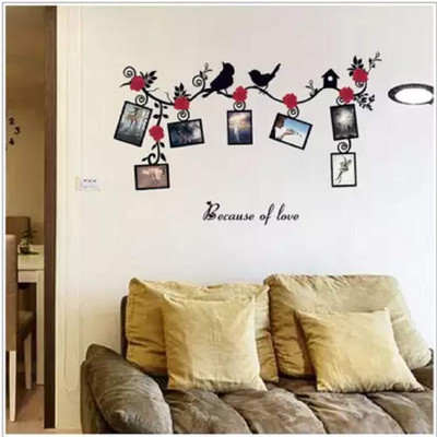 SmartWindow 45 cm Red Flowers & Bird Wall Decal Photo Frame Wall Sticker (45 CM X 60 CM) Self Adhesive Sticker(Pack of 1)