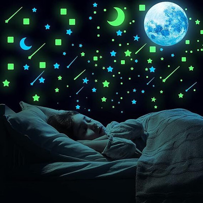 wonderful creation 7 inch Night Glowing Roof & Walls Radium Sticker With Stars Moon Satelite Rocket etc Self Adhesive Sticker(Pack of 6)