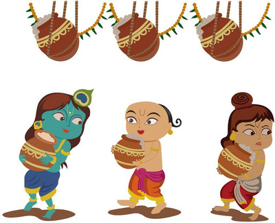 K2A Design 62 cm Krishna Ji with Makhan Matki Wall Sticker Multicolor Pvc Vinyl Self Adhesive Sticker(Pack of 1)