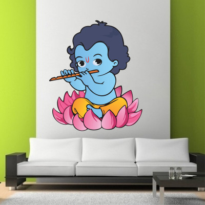 Divine studio 55 cm latest Krishna Playing fluit on The Lotus Flower (69 Cm X 55 Cm ) Self Adhesive Sticker(Pack of 1)