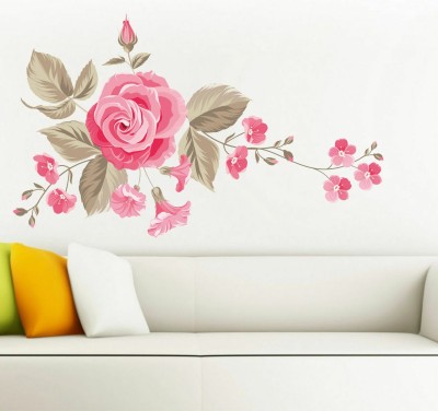 Azan Creation 60.96 cm Pink Rose flower Wall Sticker for Bedroom Size - 60X38CM Self Adhesive Sticker(Pack of 1)