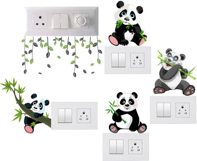 crystalsign 15 cm Switch penal sticker of Cute baby panda and panda hanging tree with branch Self Adhesive Sticker(Pack of 5)