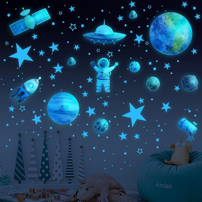 wonderful creation 7 inch Night Glowing Roof & Wall Radium Sticker With Stars Moon Satelite Rocket etc Self Adhesive Sticker(Pack of 6)