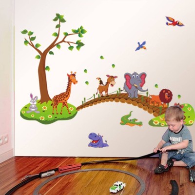 JAAMSO ROYALS 60 inch Kids Animals under Tree Sticker (60 cm x 90 cm) Self Adhesive Sticker(Pack of 1)