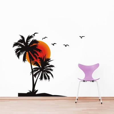 CreativeEdge 92 cm coconut tree with sunset birds multicolour wall sticker Self Adhesive Sticker(Pack of 1)