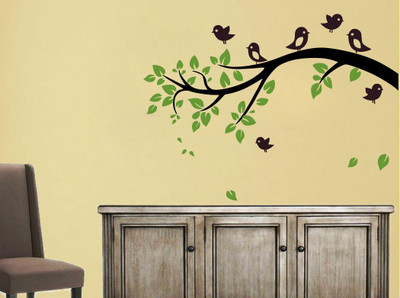 Dilight Art 90 cm Size, Tree With Leaf and Birds Wall Self Adhesive Sticker(Pack of 1)